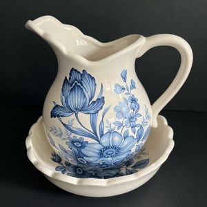 Vintage Wash Basin and Water Pitcher set Blue Floral design ruffled edges